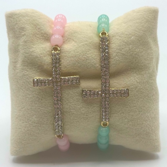 Stretch Bead Crystal Cross Bracelet Set - Picture 2 of 4